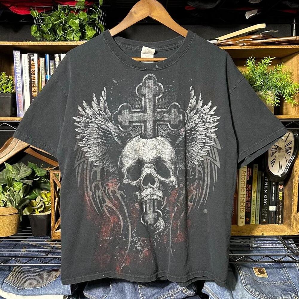 Vintage Y2K Skull Cross Angel Wings Grunge Tee Large Black Jesse Pinkman Shirt